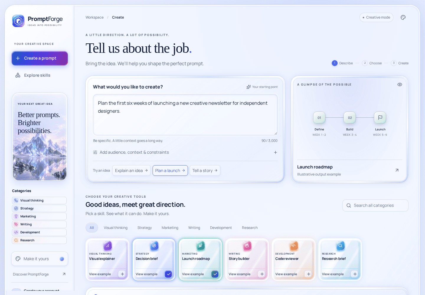 PromptForge desktop studio with an editable brief and six public skill cards