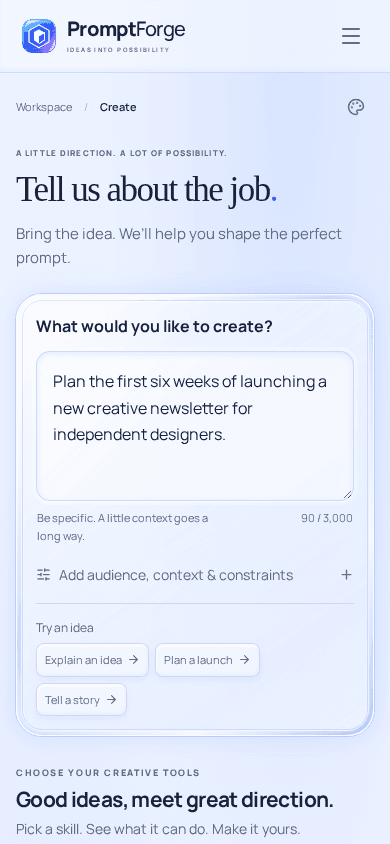PromptForge mobile studio with the same brief and prompt-building controls